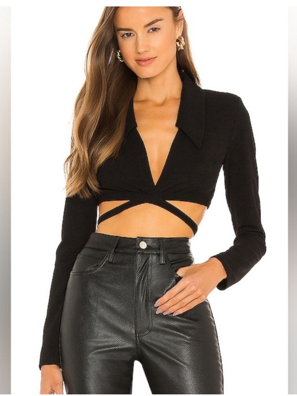 DANIELLE BERNSTEIN Black Long-Sleeve Wrap Crop Top with Collar
